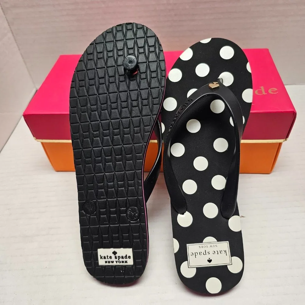New Kate Spade New York Black White Polka Dot Flip Flops Pink Stripe Sandals 9 M